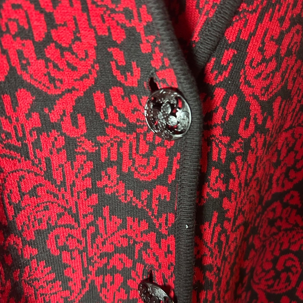JM Collection Women's Red Black Damask Knit Cardigan‎ Sweater XL Button Front - Picture 6 of 7